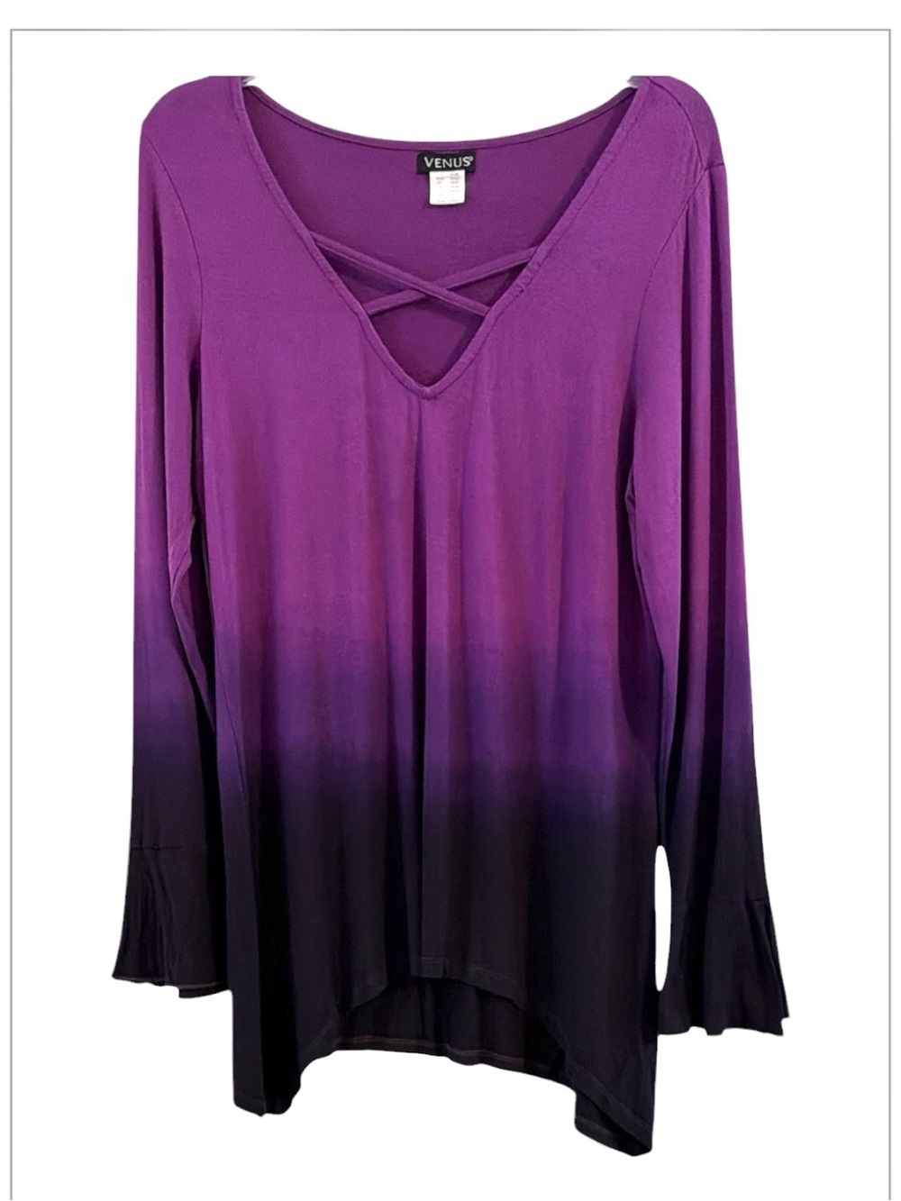 VENUS Purple Ombre Crisscross V-Neck Bell Split Sleeve Top Size L